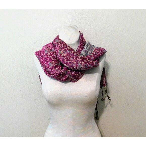 Vintage Paisley Scarf Wrap Shawl 71" X 28" Purple Gold 3" Fringe Boho Chic - Picture 2 of 9
